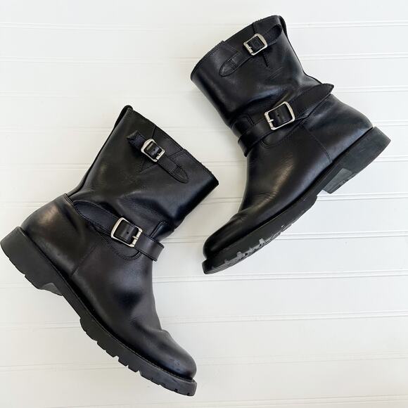 Saint Laurent Black Leather Engineer Buckle Round Toe Lug Combat Boots - Picture 1 of 11
